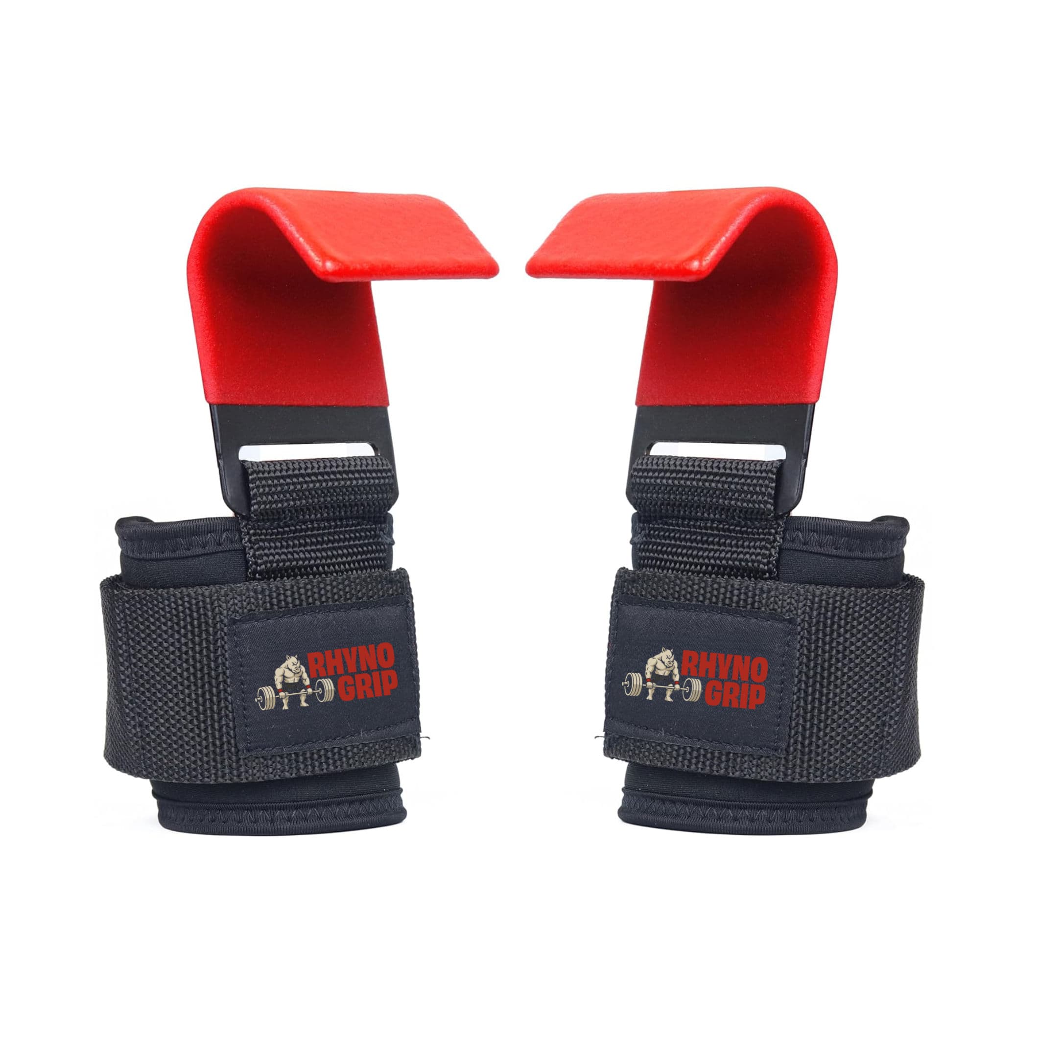 RhynoGrip Heavy-Duty Lifting Hooks with Wrist Wraps Steel Hook Support for Deadlifts, Pull-Ups, Rows & Strength Training (Red)